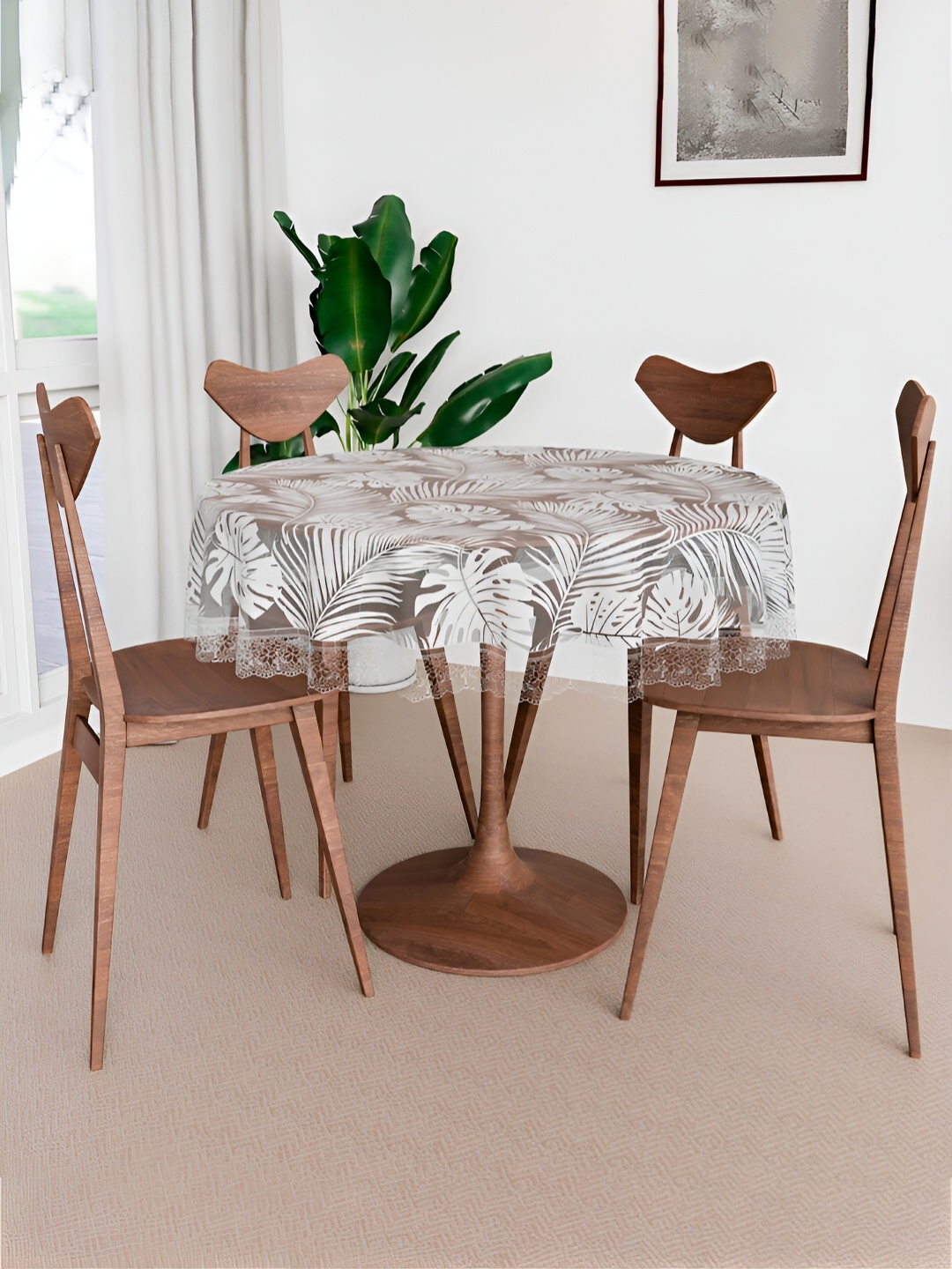 

Kuber Industries White Printed Leaf Design 4-Seater Round Table Cover