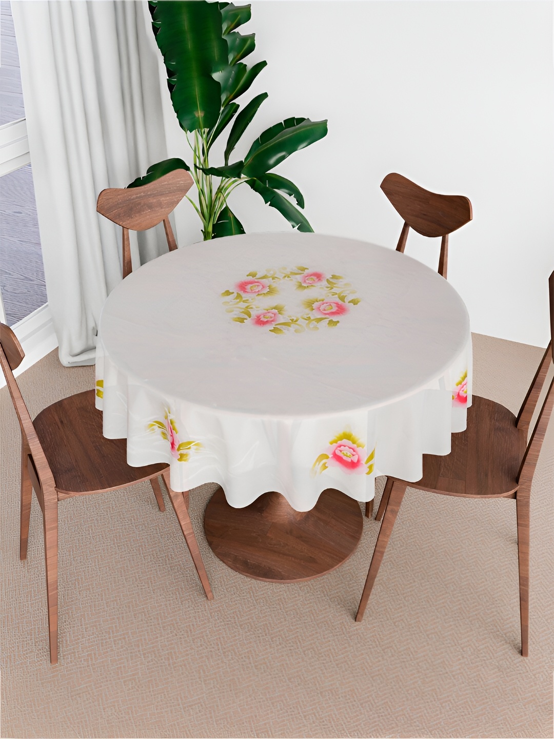 

Kuber Industries White & Pink Floral Print 4 Seater Round Table Linen