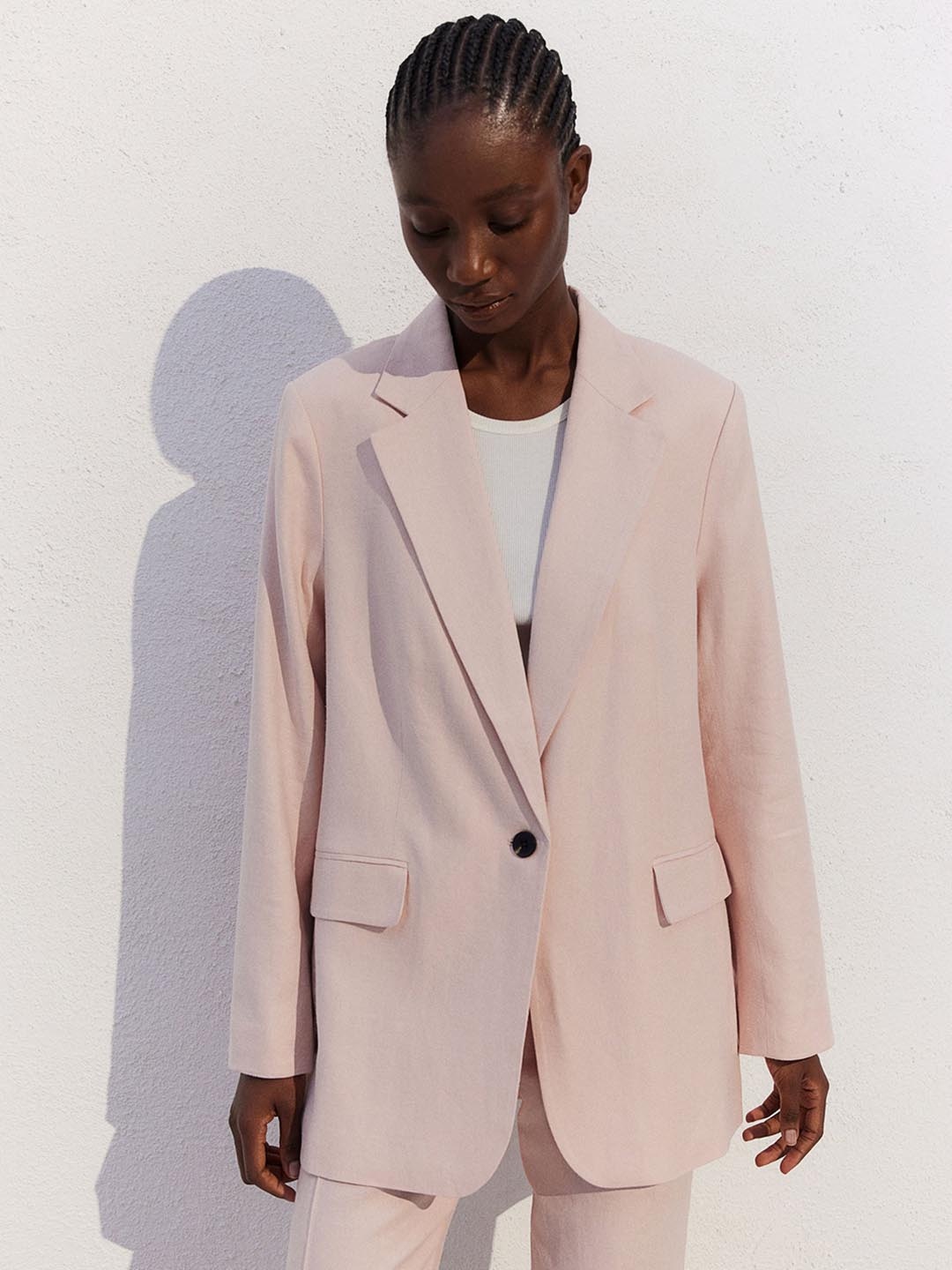 

H&M Linen-Blend Blazer, Pink