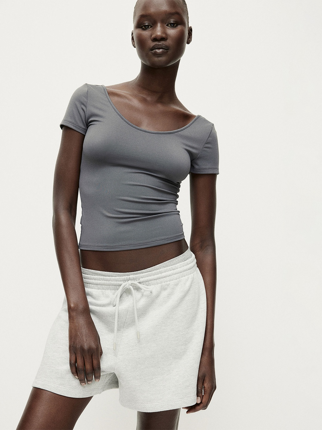 

H&M Scoop-Neck Microfibre Top, Grey