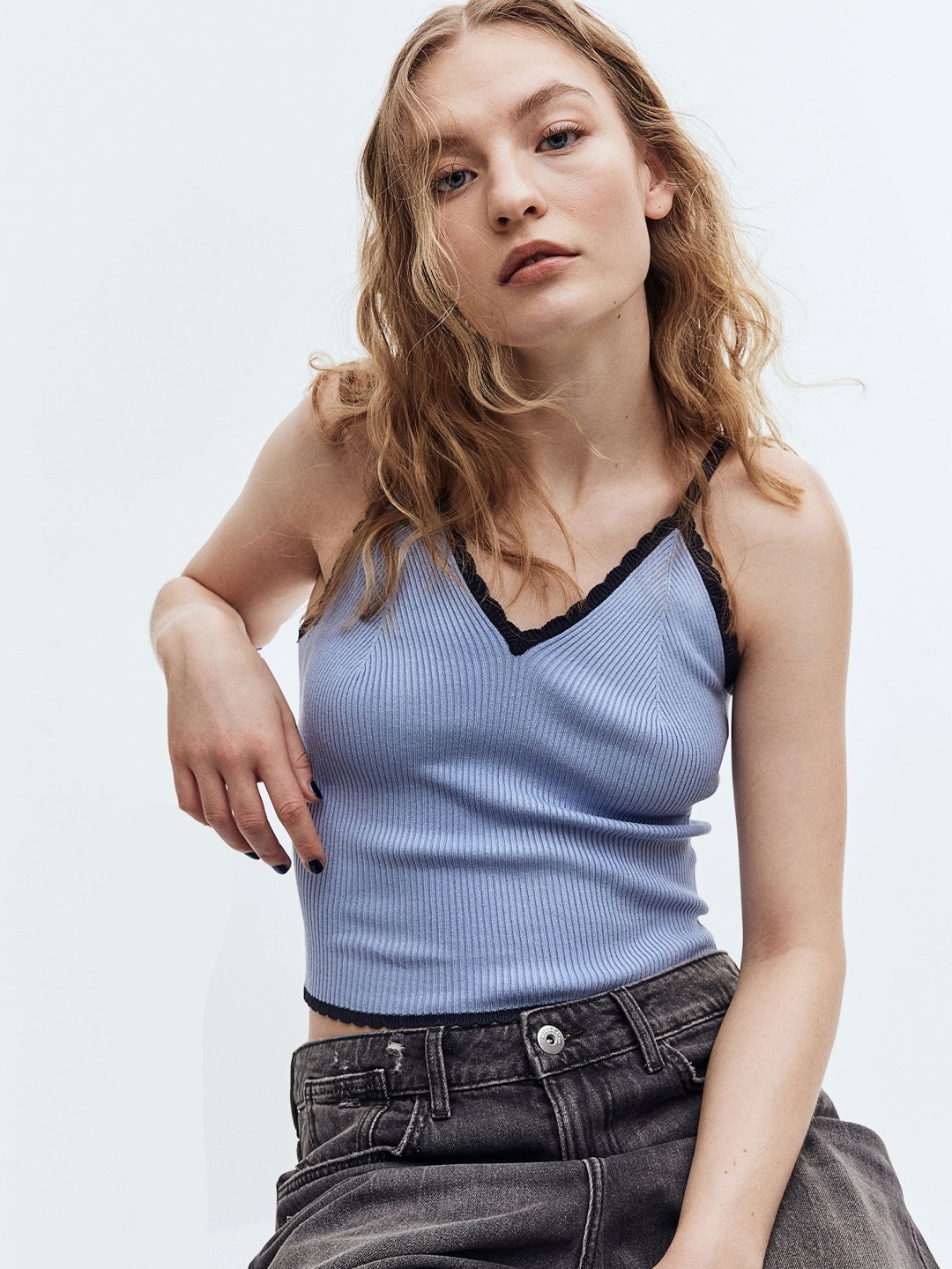 

H&M Scallop-Edged Rib-Knit Vest Top, Blue