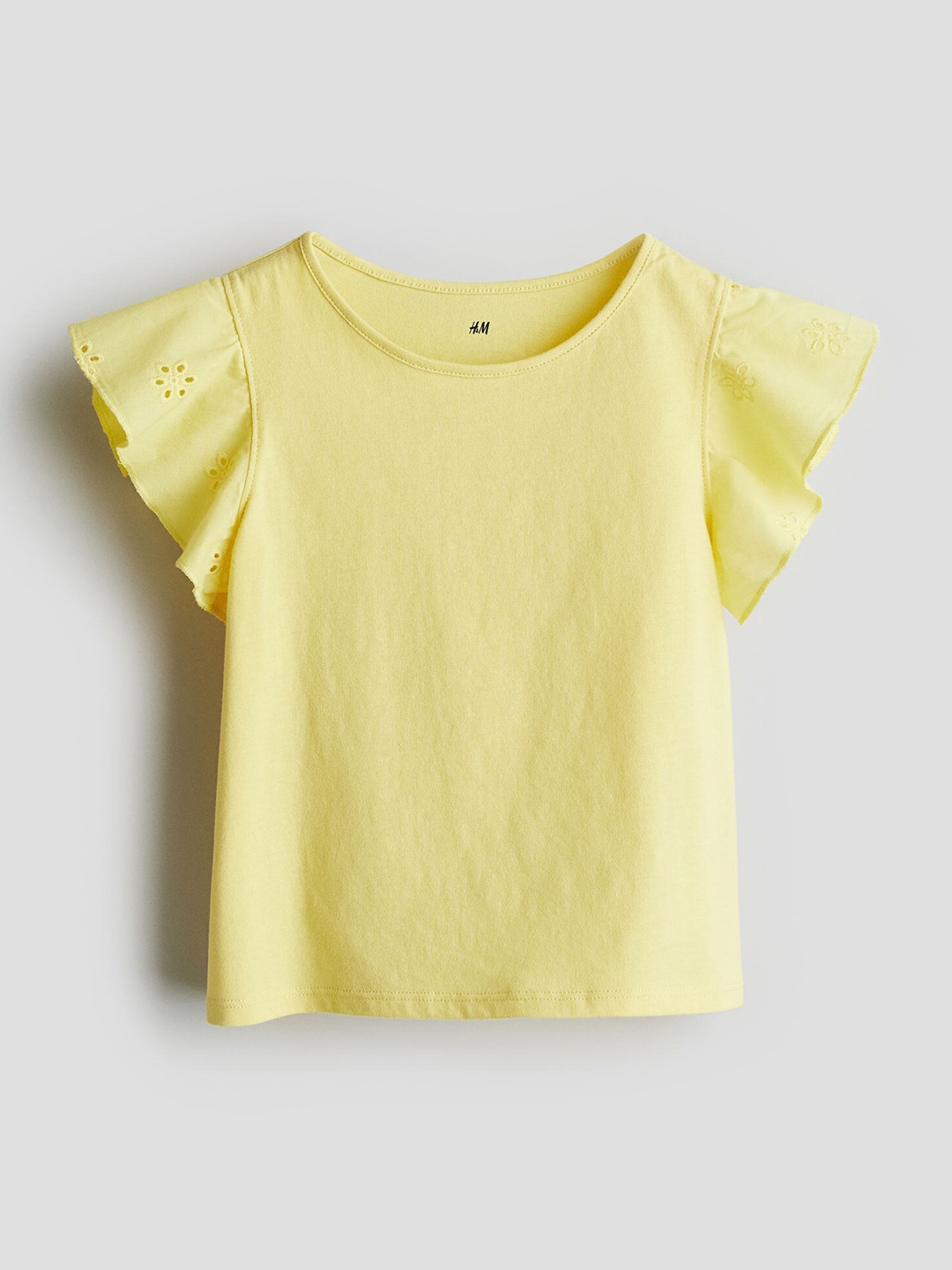 

H&M Girls Pure Cotton Jersey Top With Broderie Anglaise, Yellow