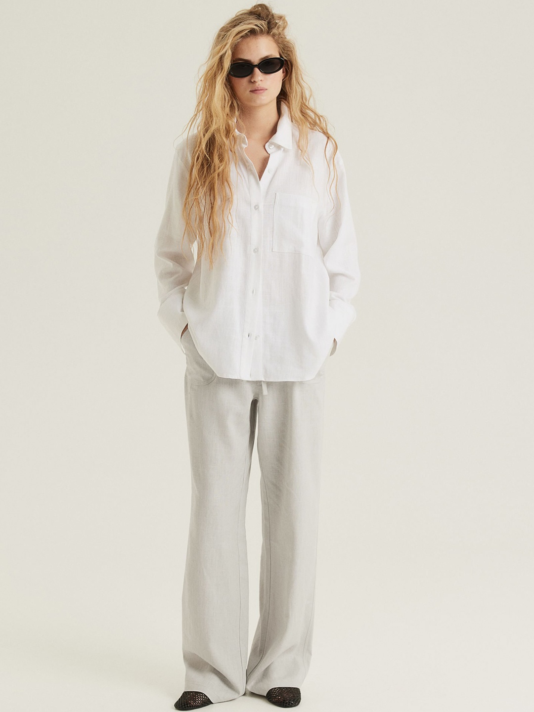 

H&M Women Linen-Blend Straight Trousers, Grey