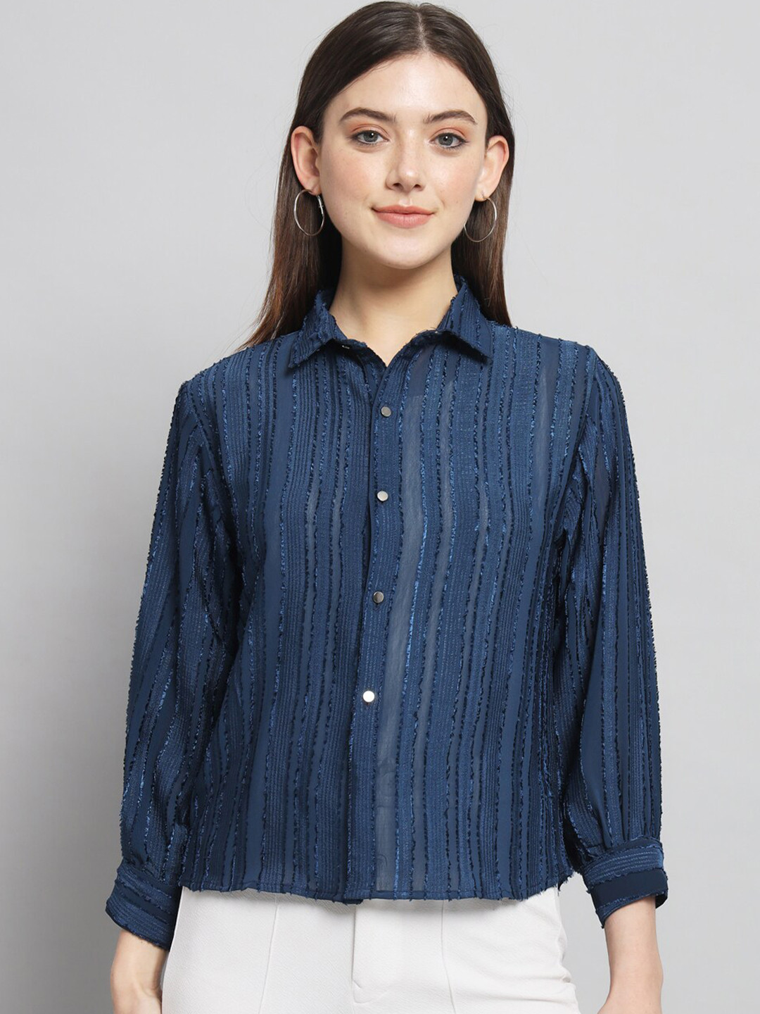 

RAER Standard Opaque Striped Spread Collar Casual Shirt, Navy blue