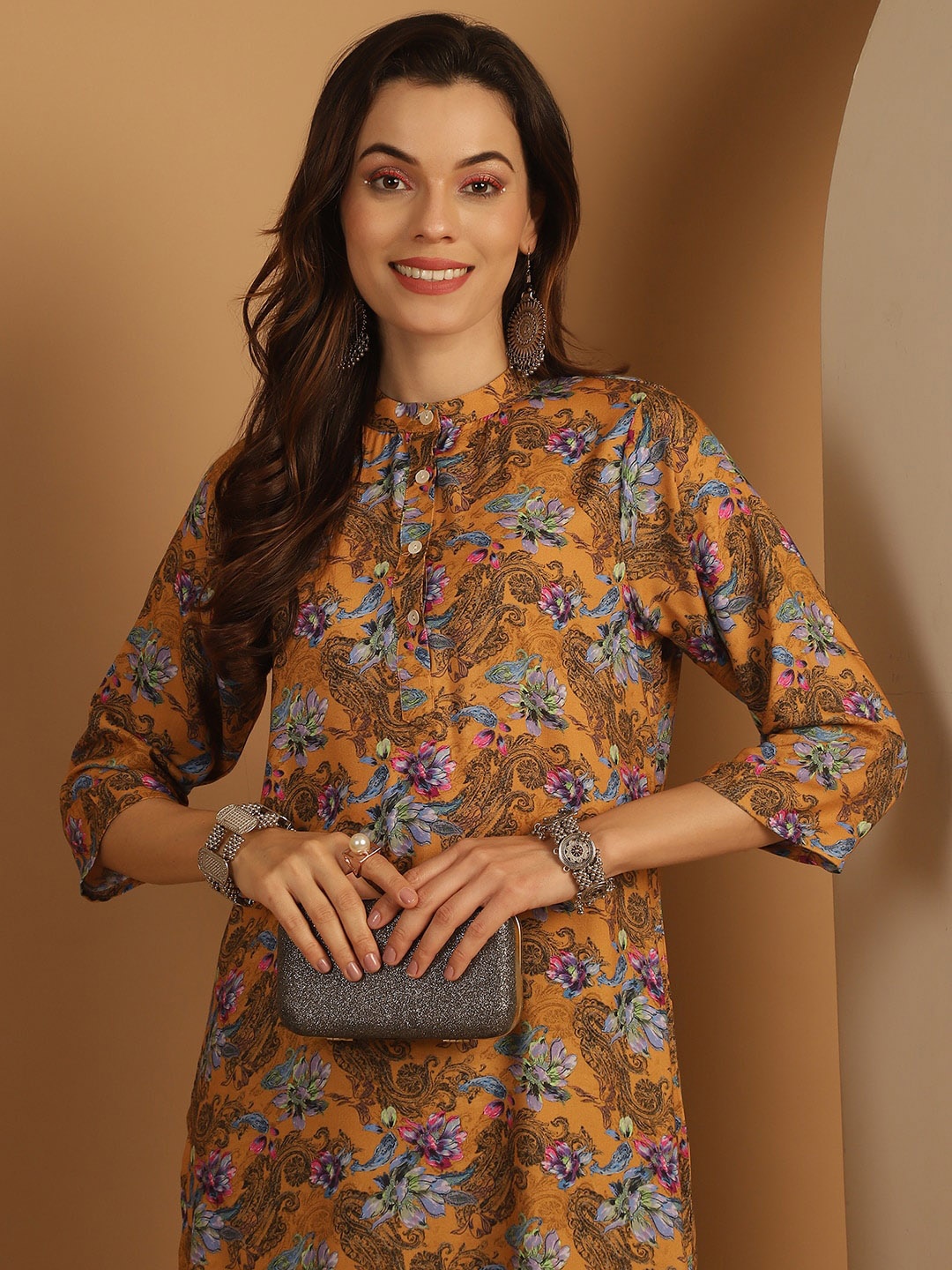 Anouk Floral Printed Strigth Kurta, Mustard