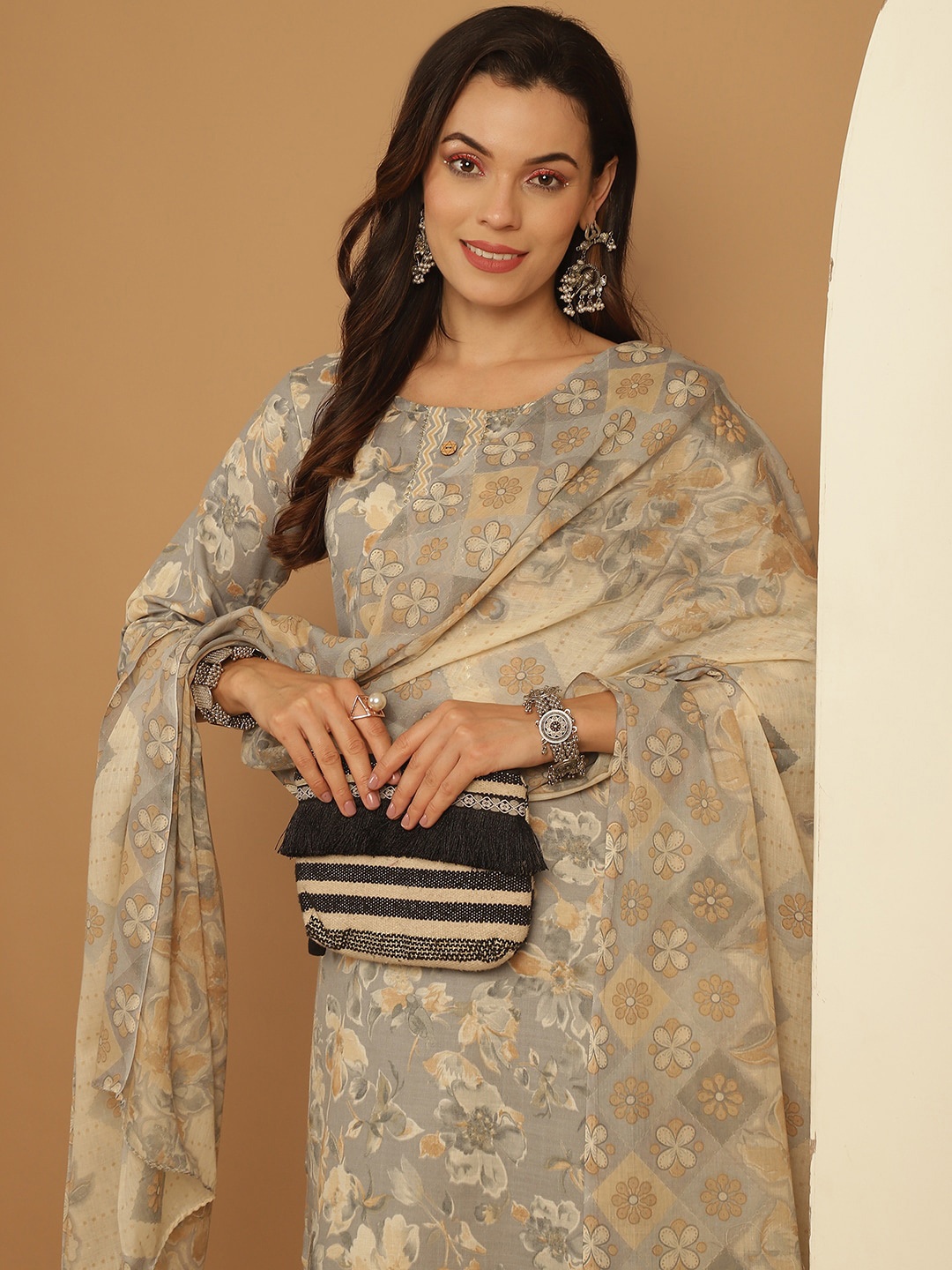 

Anouk Floral Printed Regular Pure Cotton Kurta With Trousers & Dupatta, Grey