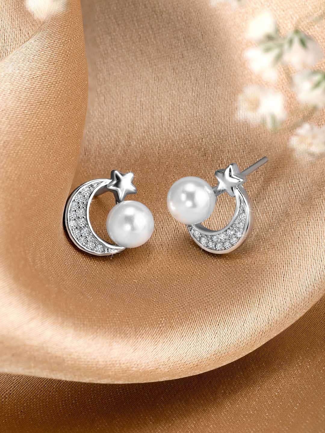 Peora Silver Plated Cubic Zirconia & Pearl Studs Earrings