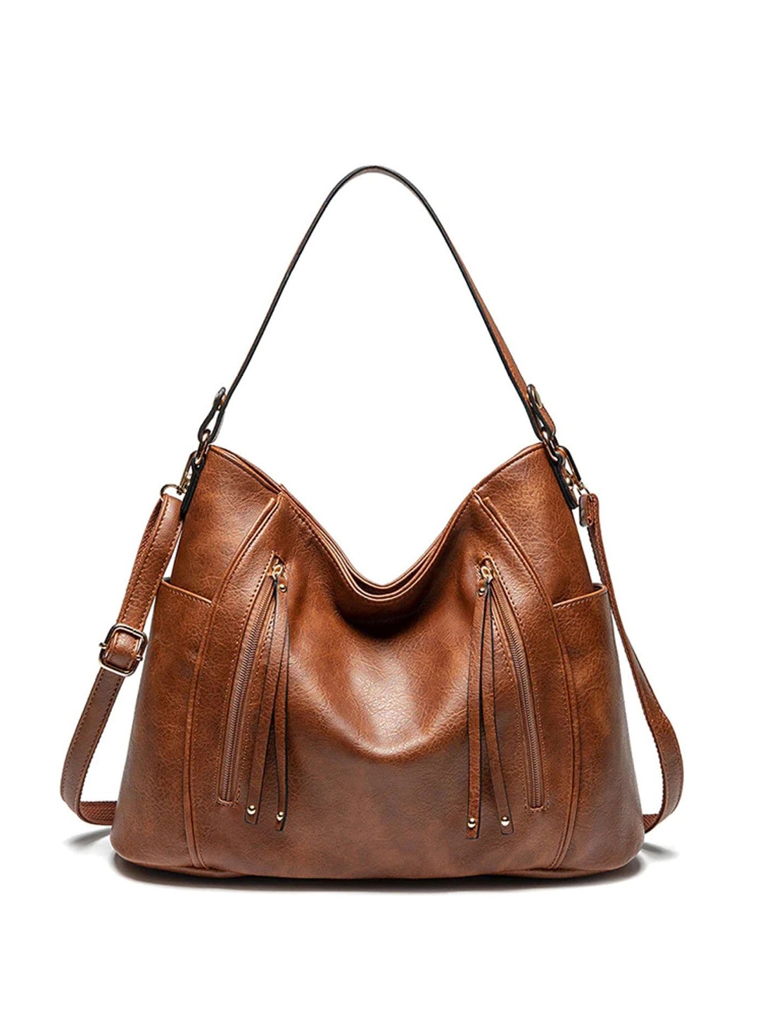 

SYGA Textured Leather Structured Hobo Bag with Tasselled, Brown