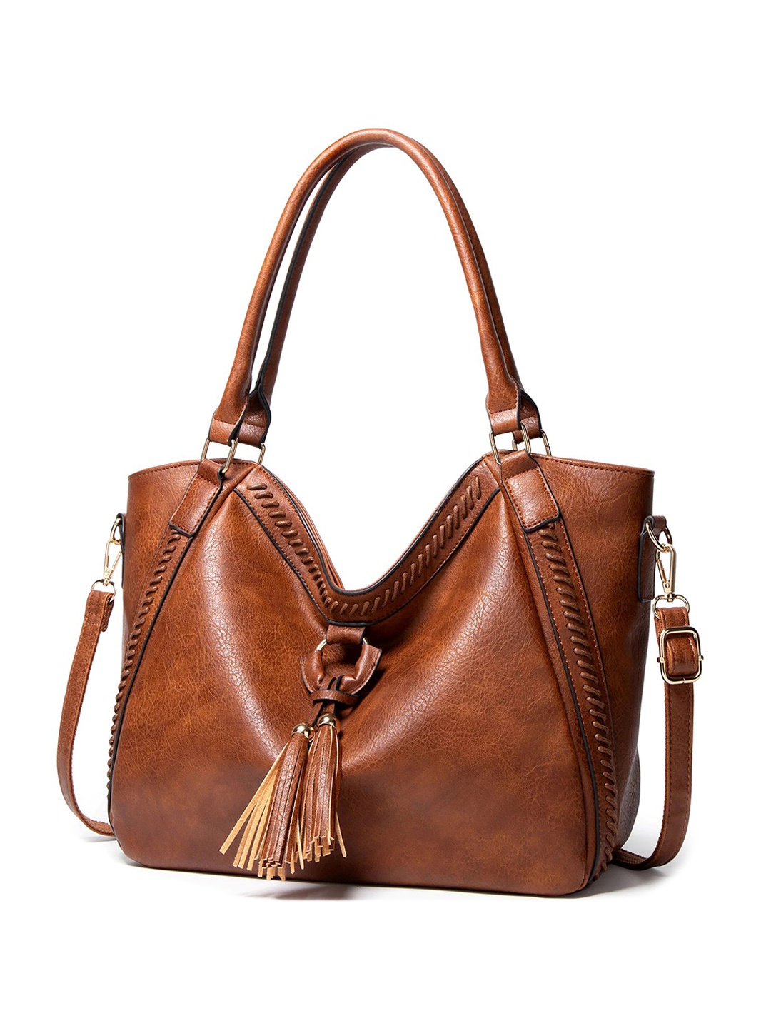 

SYGA Leather Shopper Handheld Bag with Tasselled, Brown
