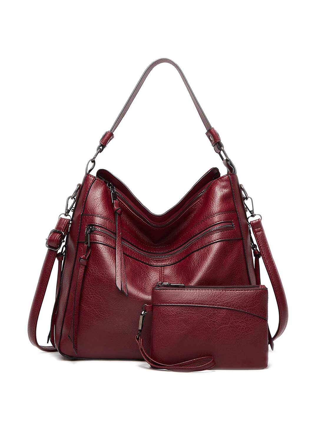 

SYGA Textured Leather Structured Shoulder Bag with Pouch, Burgundy