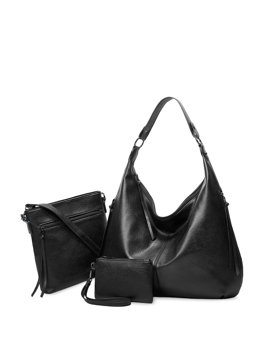 

SYGA Set Of 3 Textured Leather Shopper Hobo Bags, Black