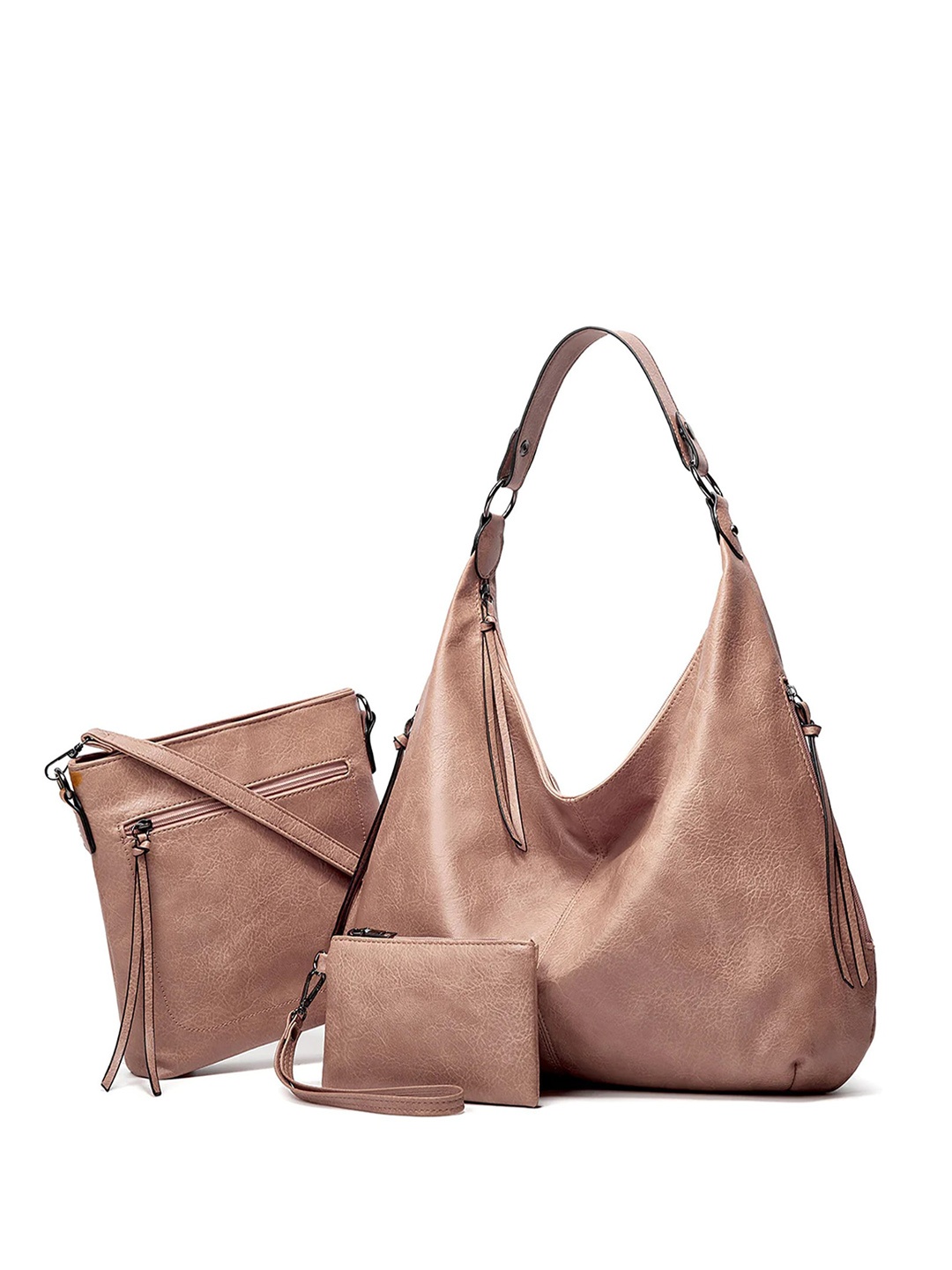 

SYGA Set Of 3 Textured Leather Swagger Hobo Bags with Tasselled, Pink