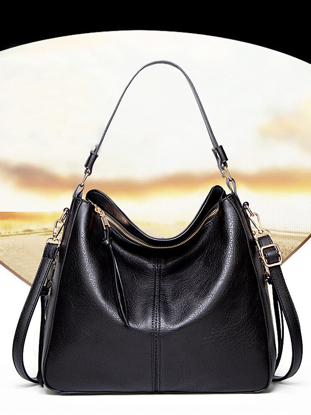 

SYGA Set Of 2 Leather Structured Hobo Bags with Tasselled, Black