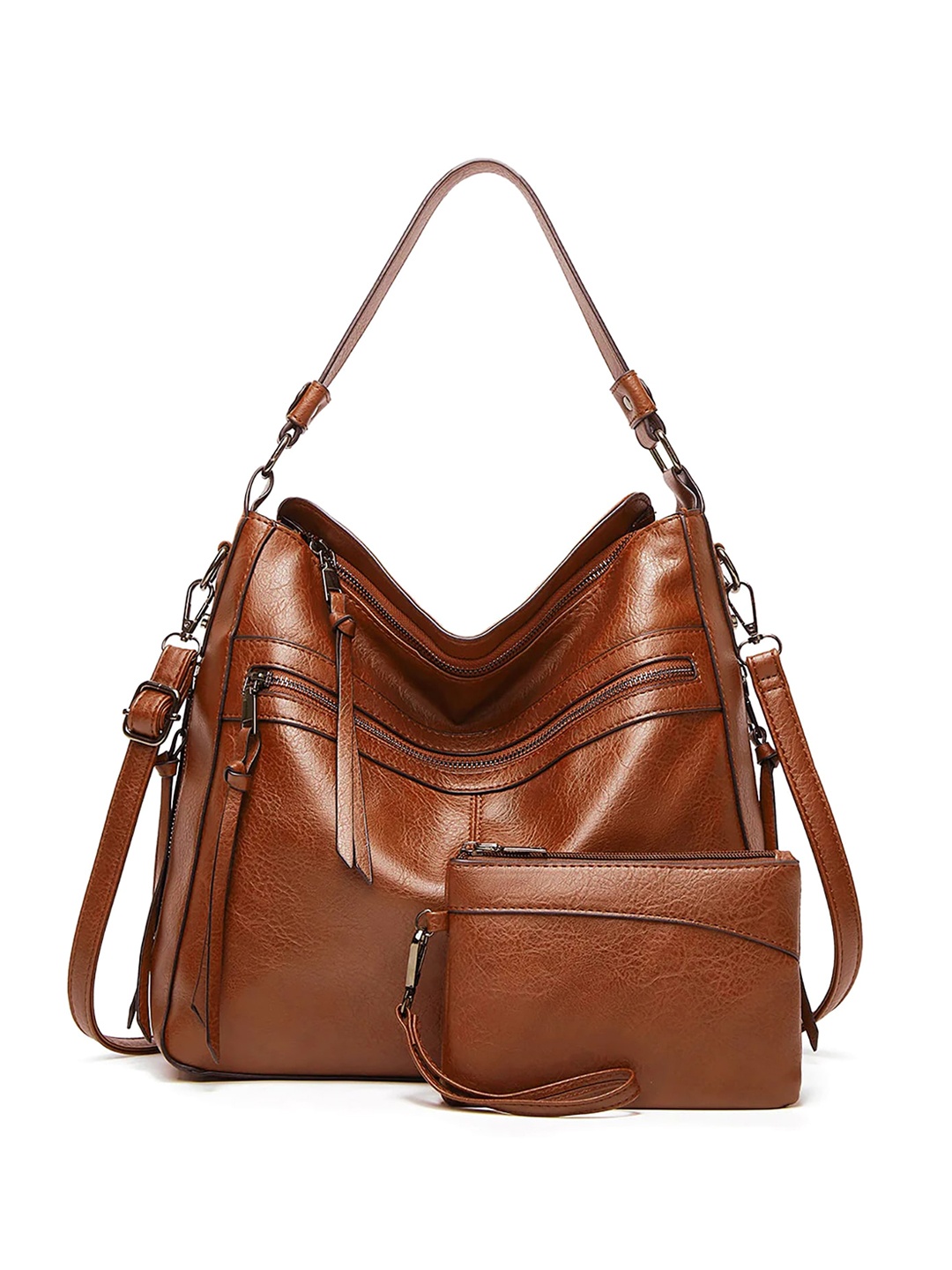 

SYGA Set Of 2 Textured Leather Bucket Hobo Bag With Clutch, Brown