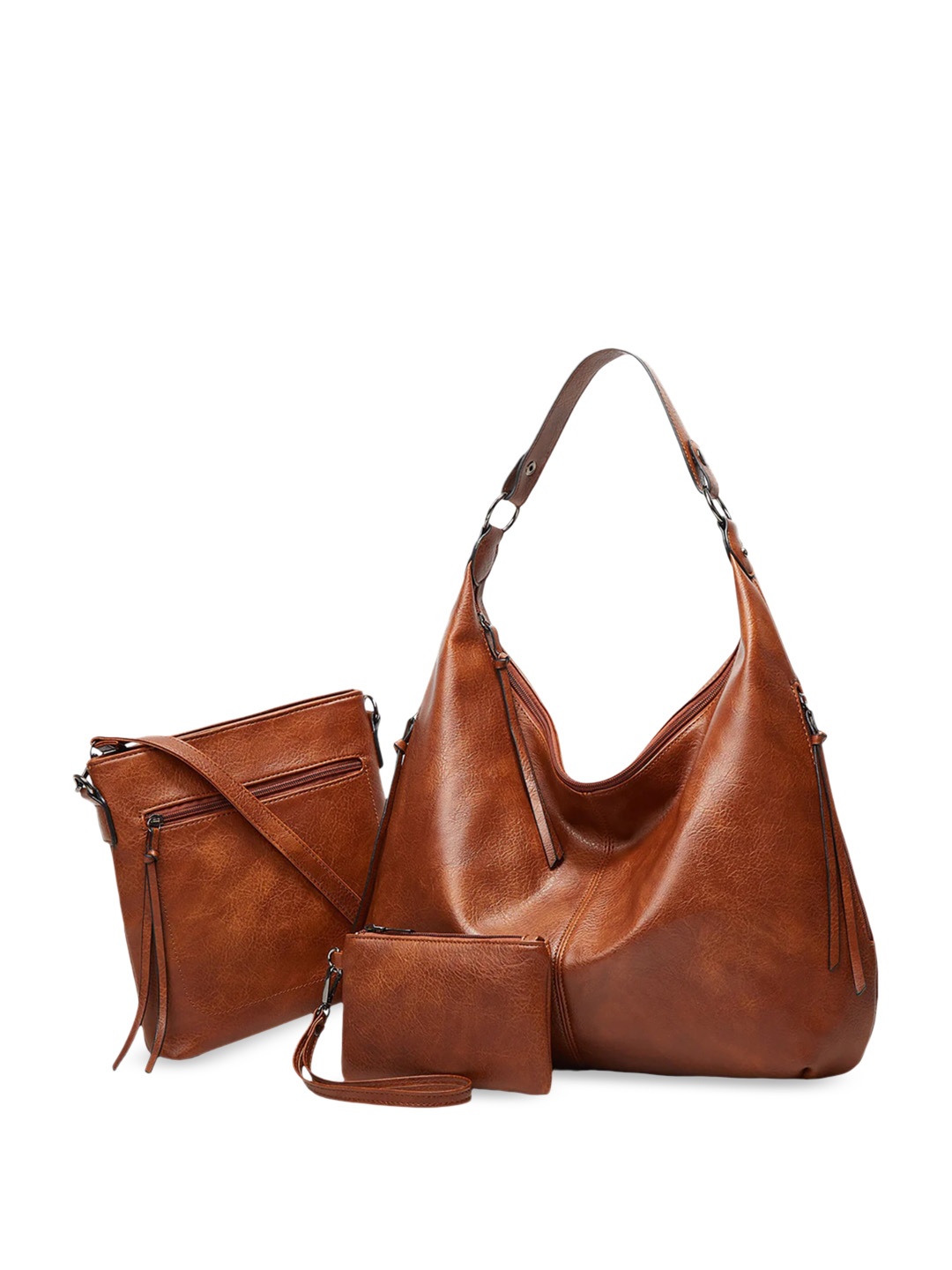 

SYGA Set Of 3 Textured Leather Oversized Shopper Hobo Bag And Sling Bag With Clutch, Brown