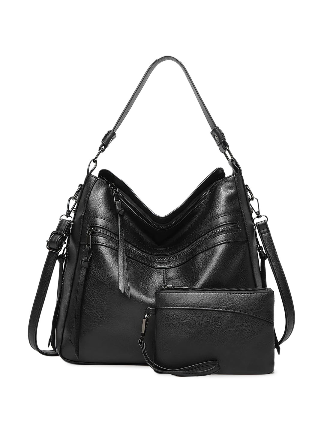 

SYGA Textured Leather Swagger Shoulder Bag With Pouch, Black