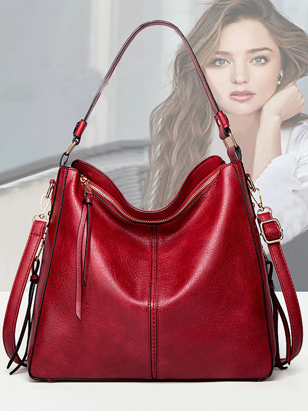 

SYGA Leather Structured Hobo Bag With Pouch, Red