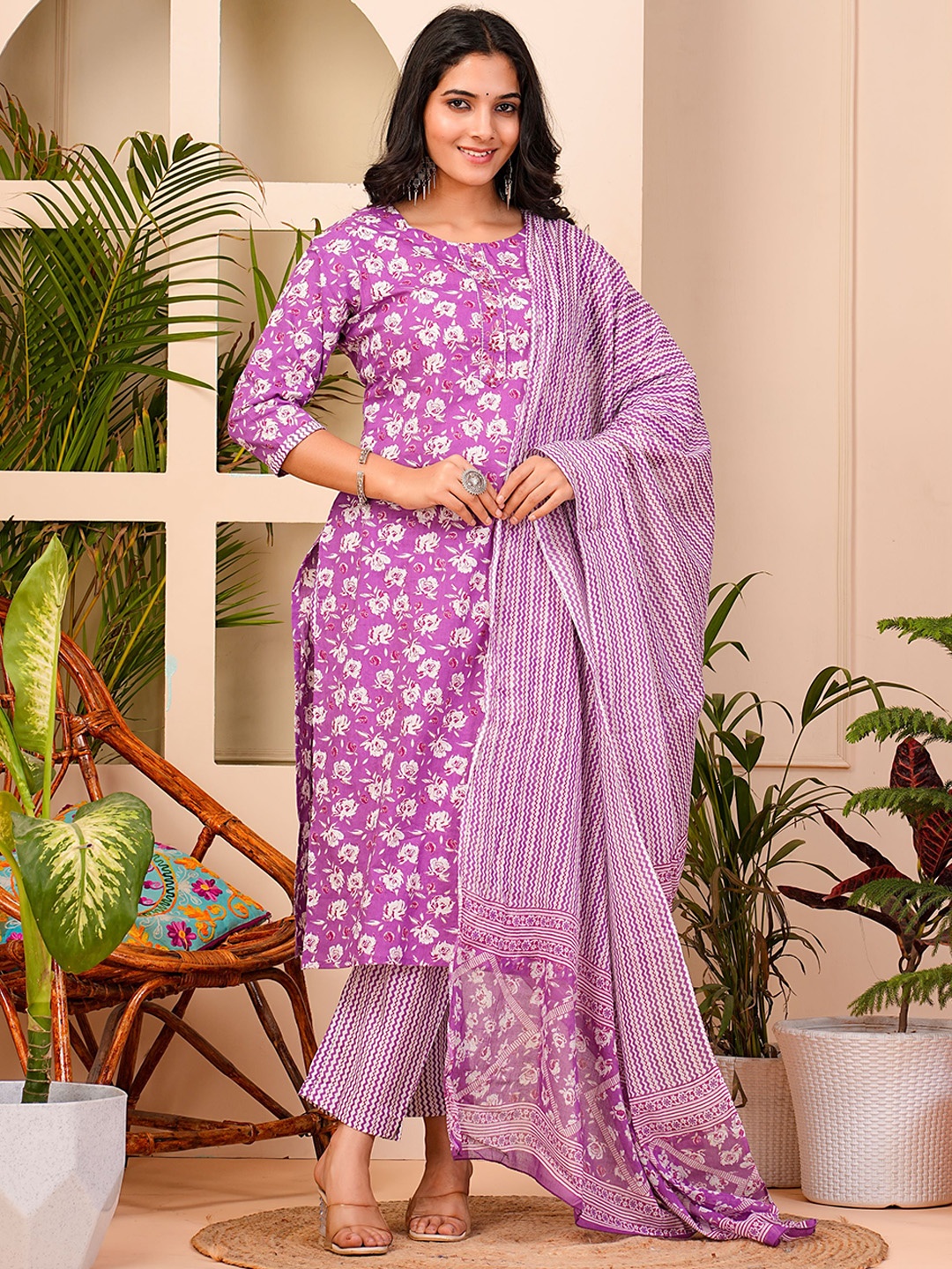 

ZOYOTO Floral Printed Pure Cotton Round Neck Straight Kurta With Trousers & Dupatta, Pink
