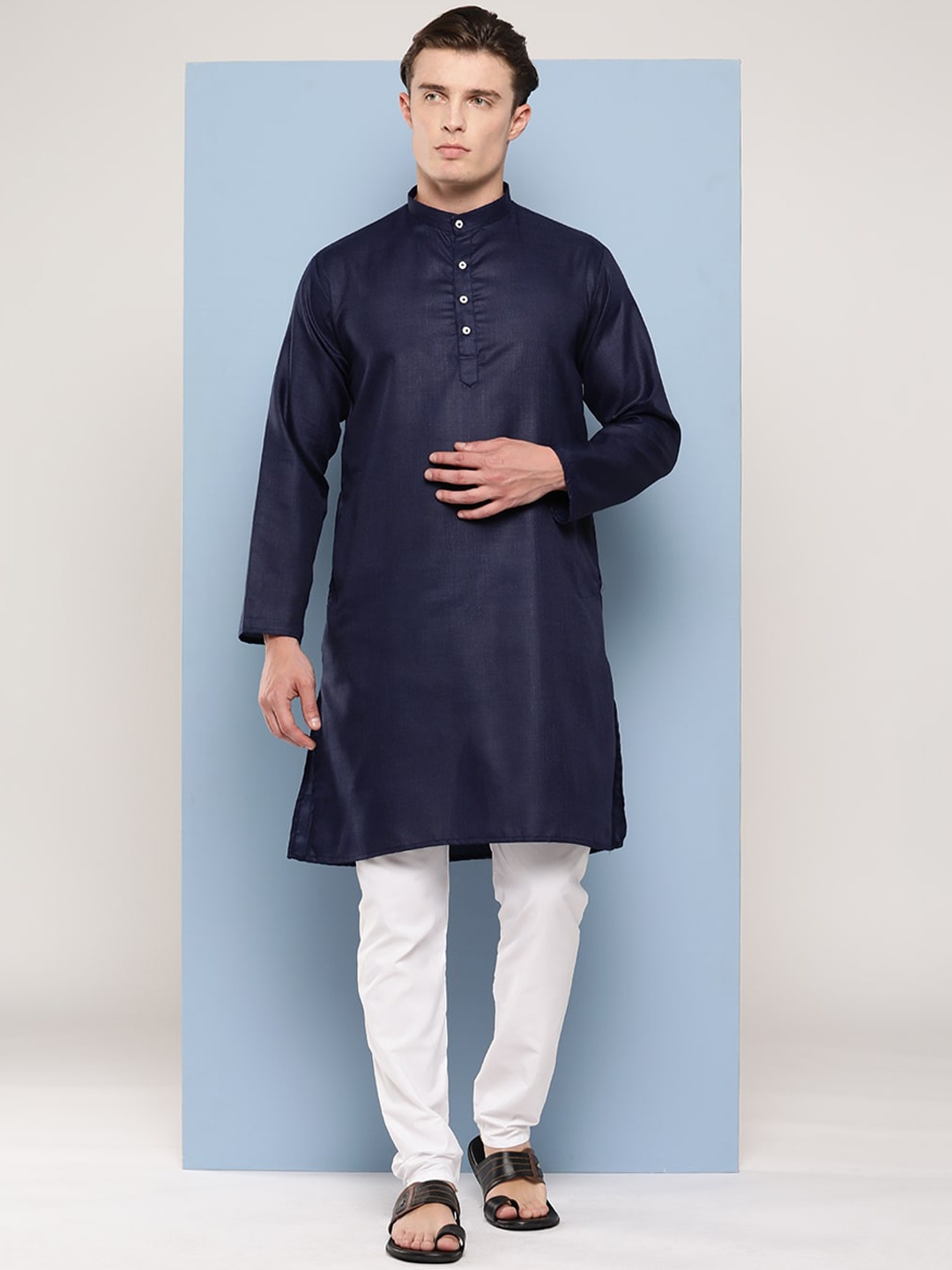 

BAESD Mandarin Collar Regular Pure Cotton Straight Kurta with Pyjamas, Navy blue