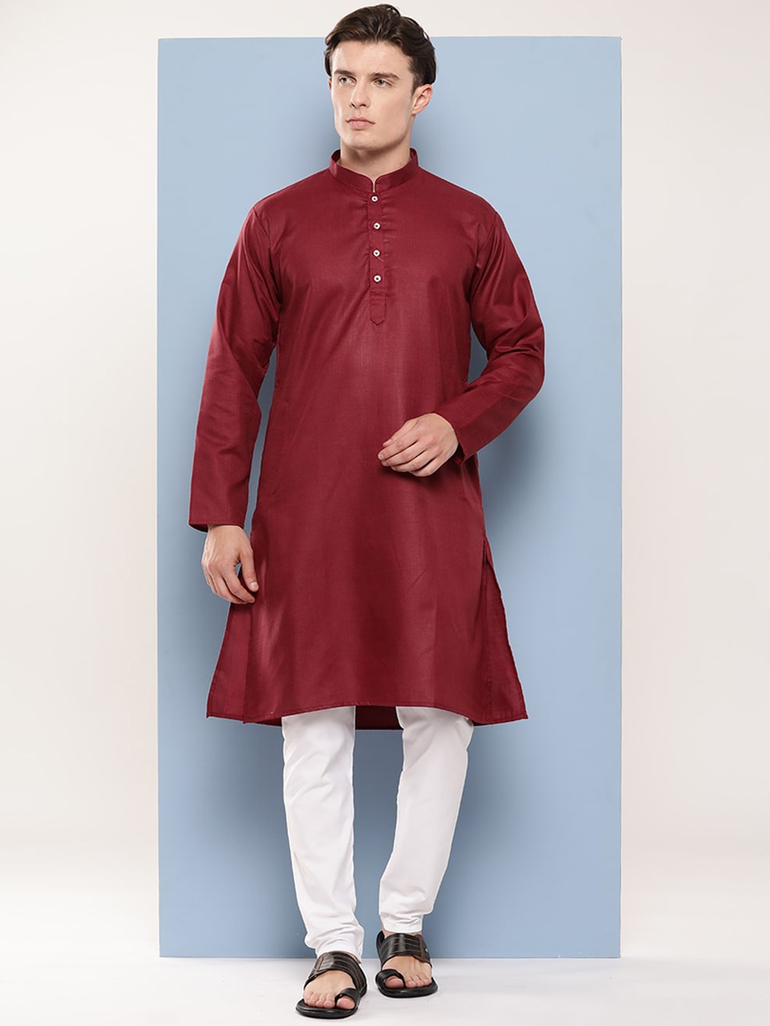 

BAESD Mandarin Collar Long Sleeves Pure Cotton Kurta with Pyjamas, Maroon