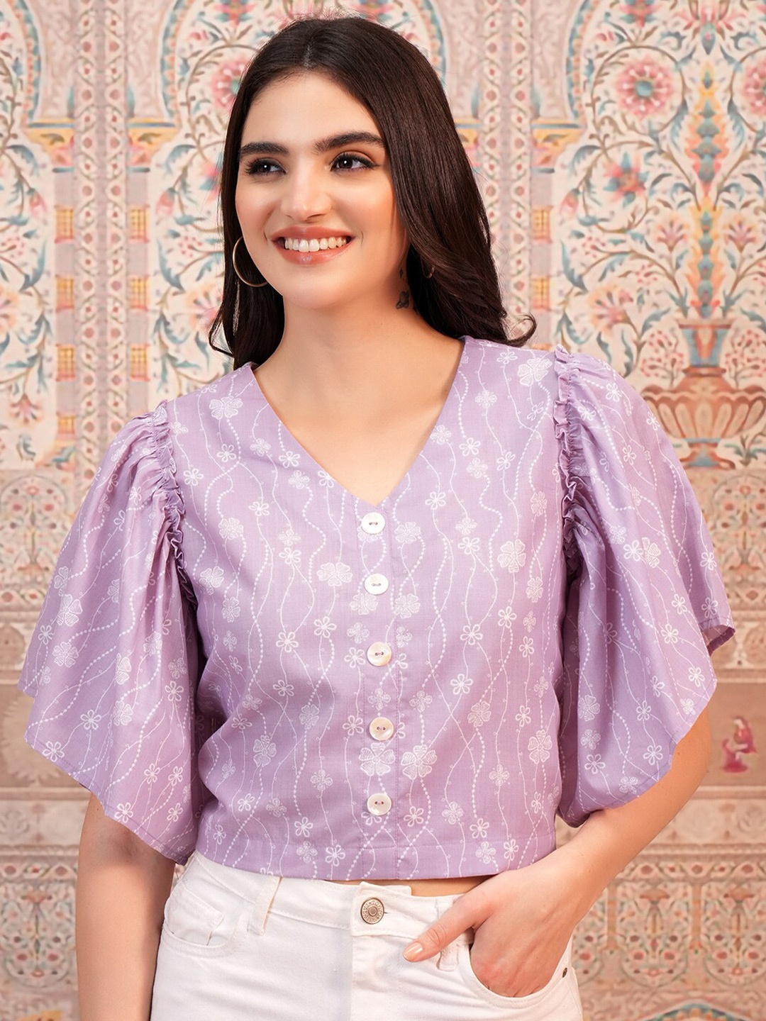 

Vishudh Lavender Floral Printed V-Neck Flared Sleeve Crop Top