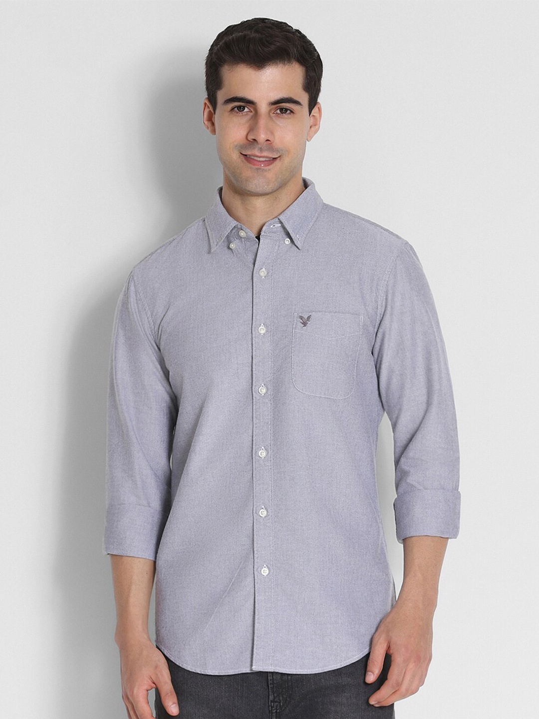 

AMERICAN EAGLE OUTFITTERS Slim Fit Oxford Weave Button-Up Cotton Shirt, Grey