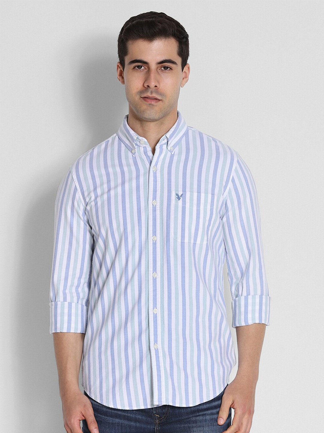 

AMERICAN EAGLE OUTFITTERS Slim Fit Striped Oxford Button-Up Cotton Shirt, Green