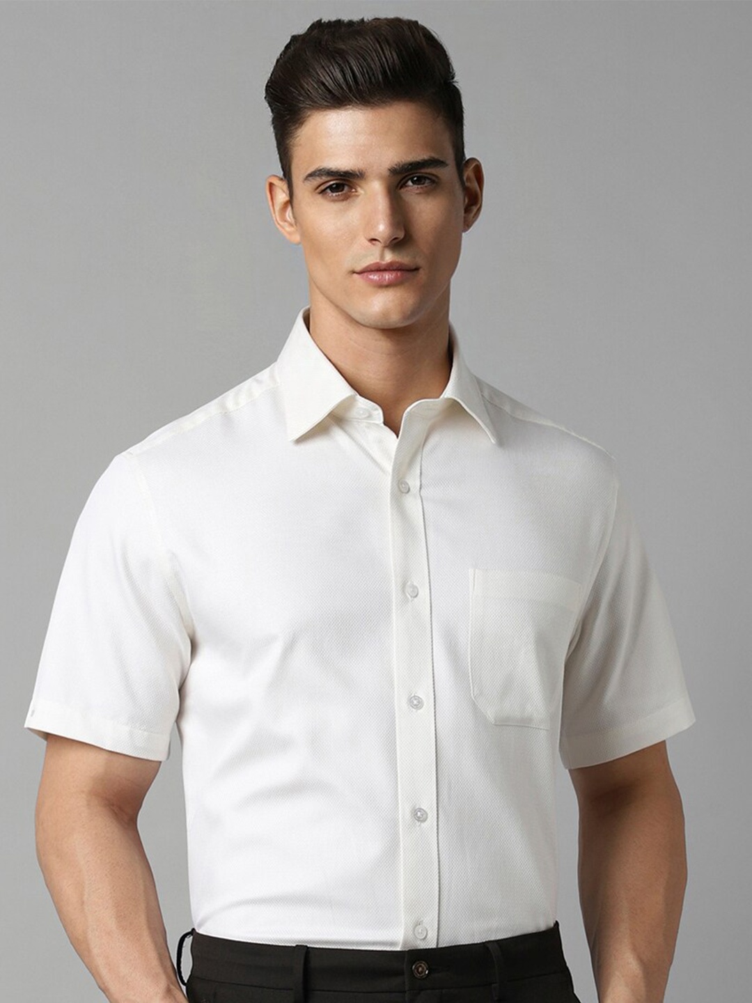 

Louis Philippe Classic Fit Textured Spread Collar Cotton Formal Shirt, White