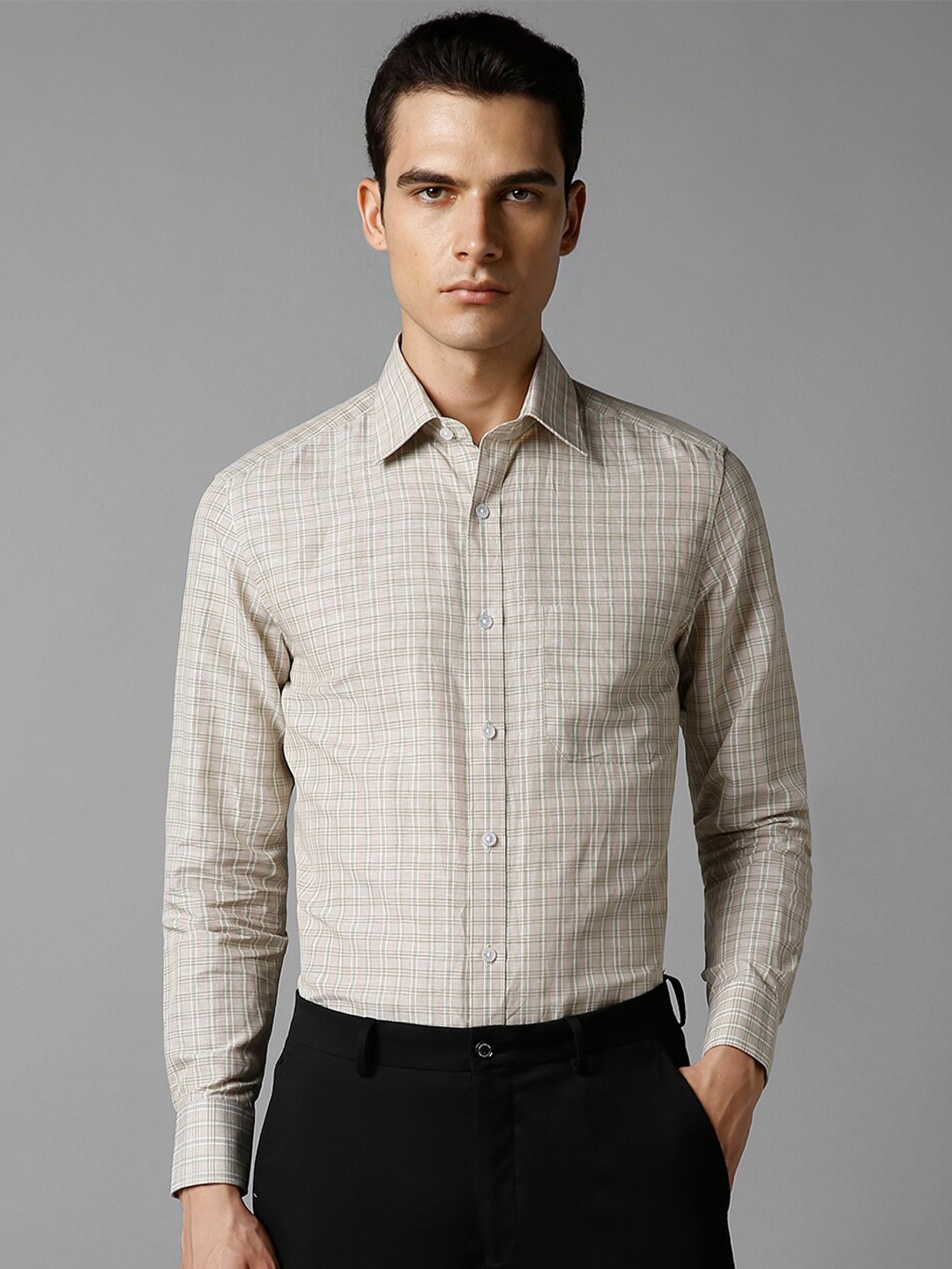 

Louis Philippe Classic Fit Checked Spread Collar Linen Formal Shirt, Beige