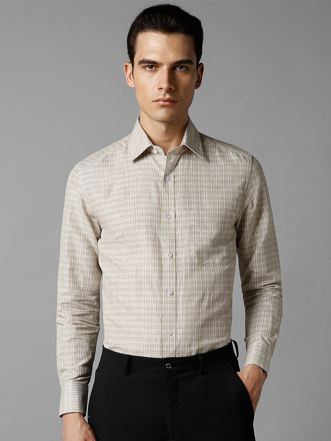 Louis Philippe Classic Fit Checked Spread Collar Linen Formal Shirt, Beige