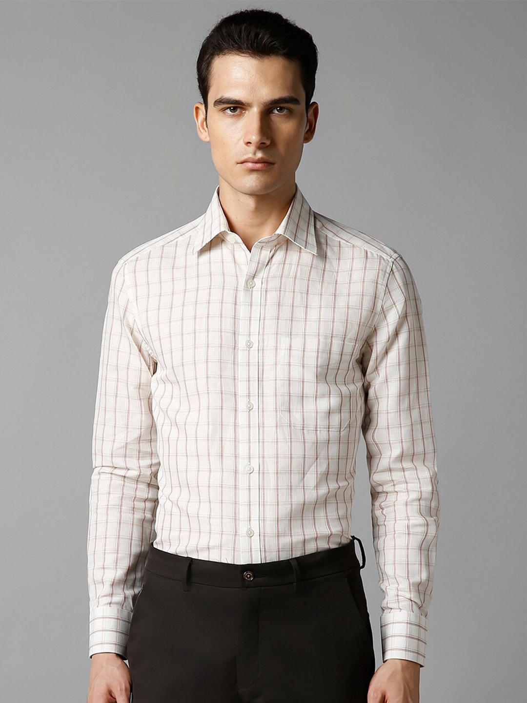 

Louis Philippe Classic Fit Checked Spread Collar Linen Formal Shirt, Cream