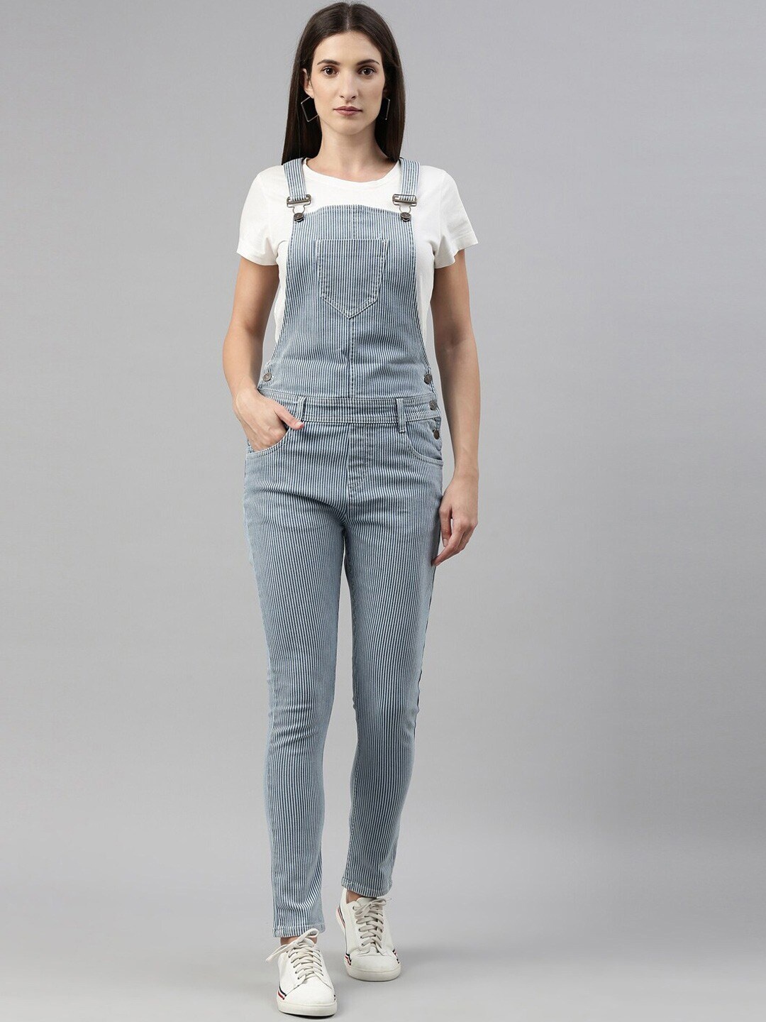 

Enviously Young Striped Pure Cotton Denim Skinny Fit Dungarees, Blue