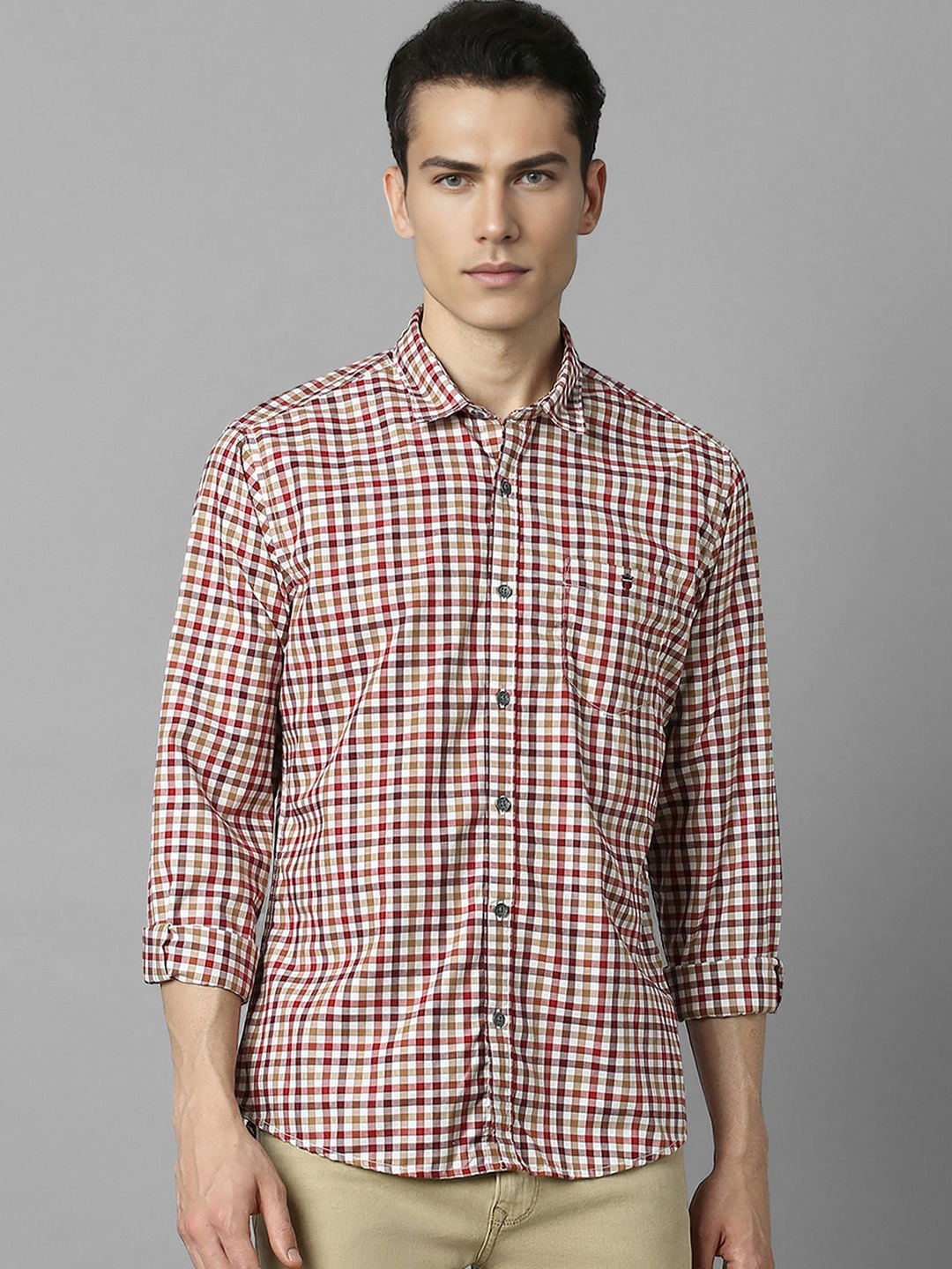 

Louis Philippe Jeans Slim Fit Grid Tattersall Checked Pure Cotton Casual Shirt, Maroon