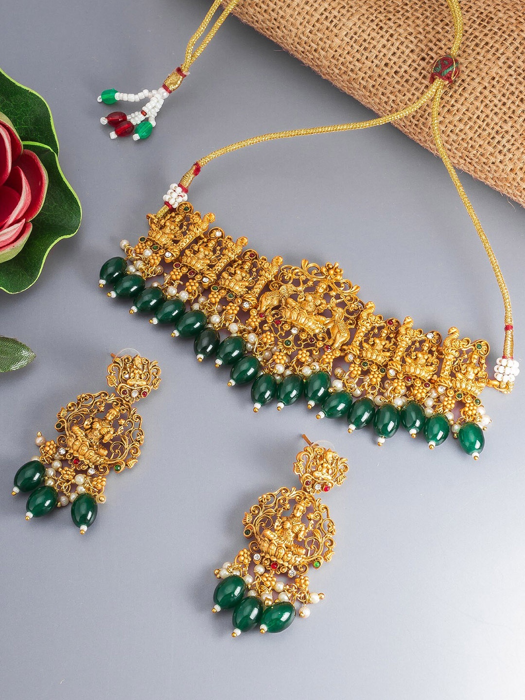 

LUMIERE JEWEL Gold-Plated Crystal Studded & Beaded Temple Jewellery Set