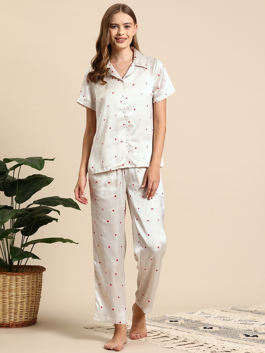 

Mast & Harbour Women Conversational Printed Satin Night Suit, Cream