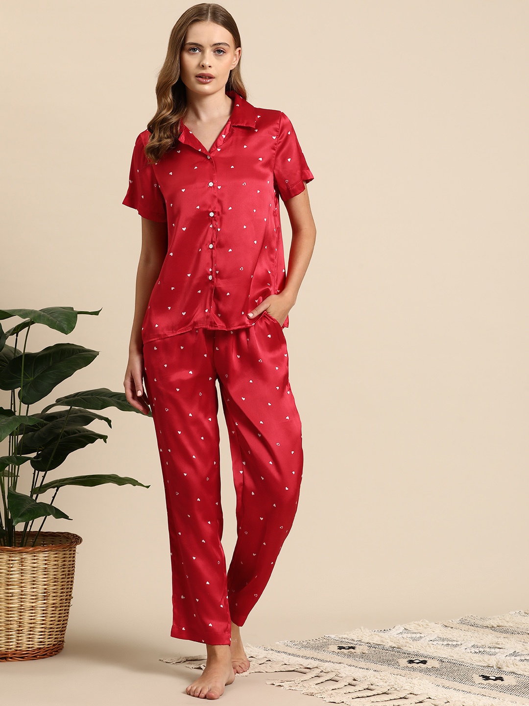 

Mast & Harbour Women Conversational Printed Satin Night Suit, Red