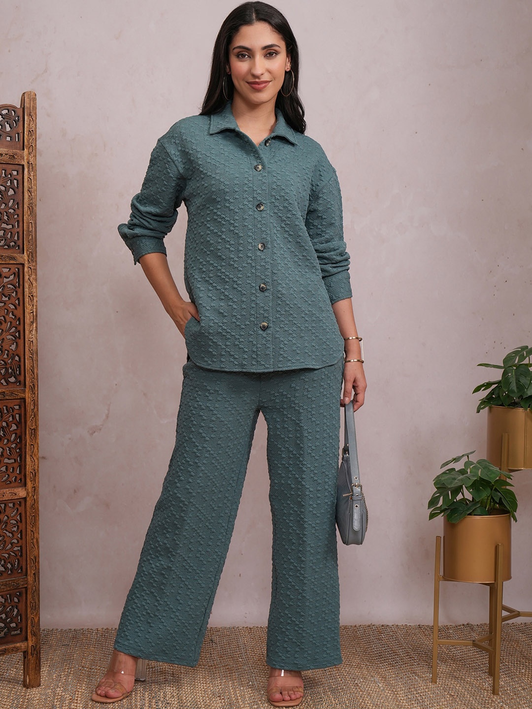 

Vishudh Self Design Shirt & Trousers Co-Ords, Teal