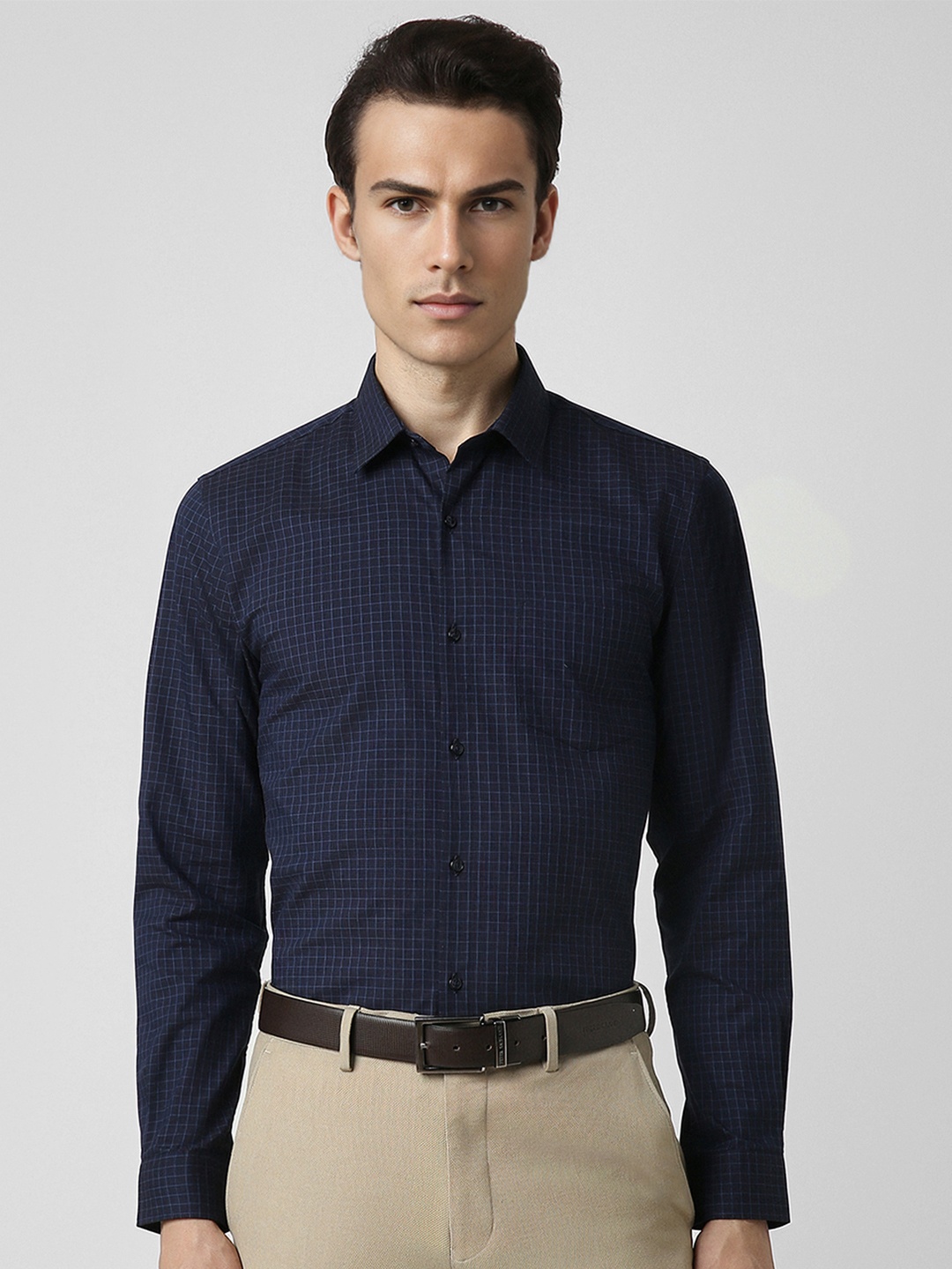 

Peter England Slim Fit Micro Checks Printed Spread Collar Formal Shirt, Navy blue