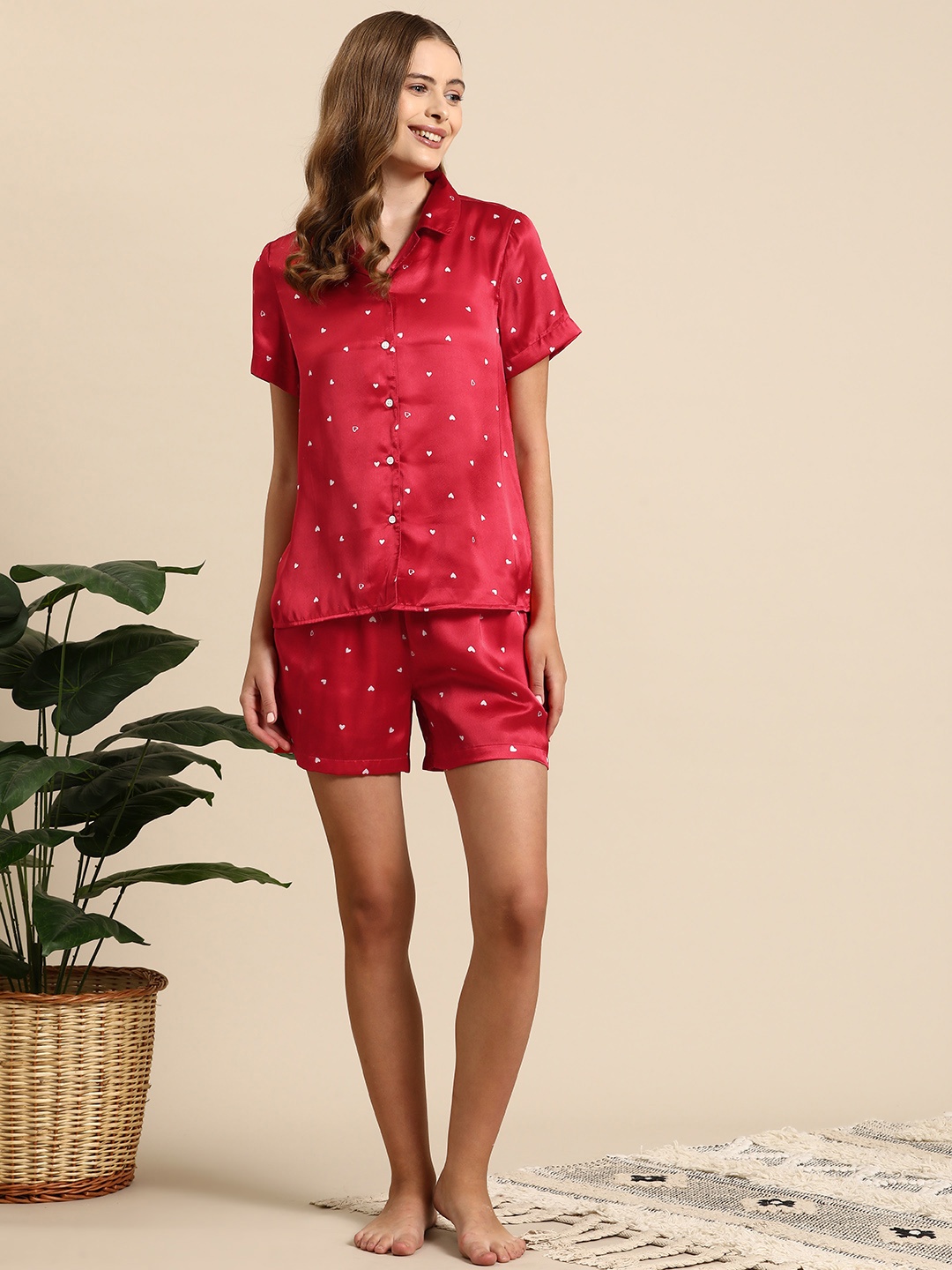 

Mast & Harbour Women Conversational Printed Satin Night Suit, Red