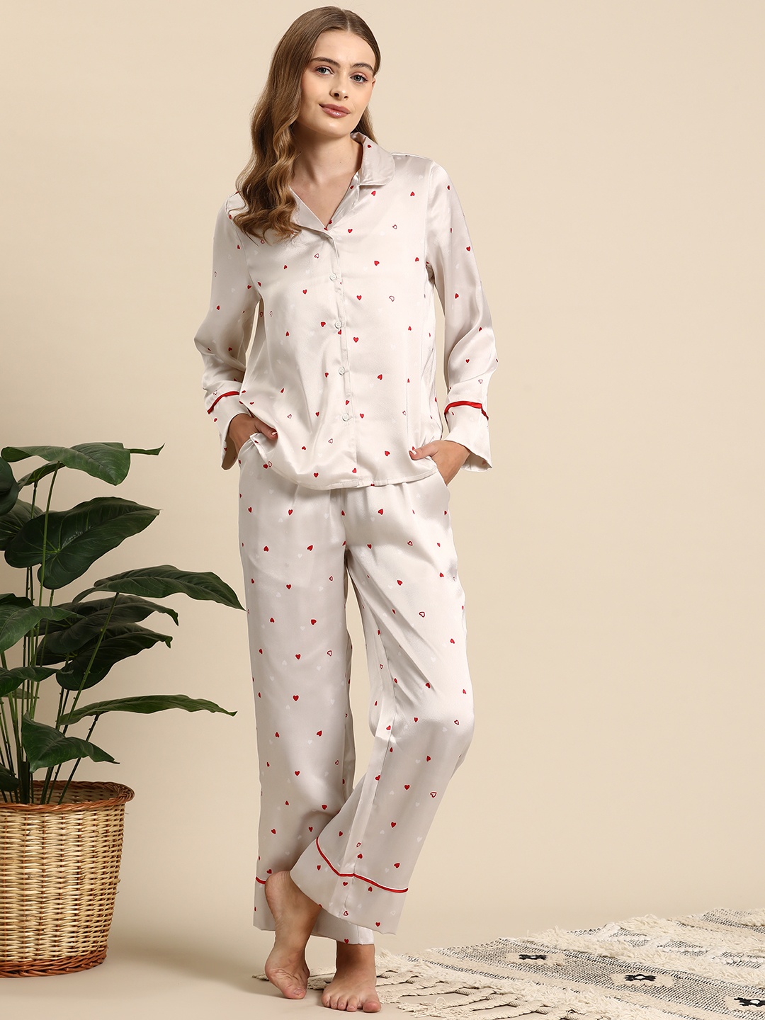 

Mast & Harbour Women Conversational Printed Satin Night Suit, Cream