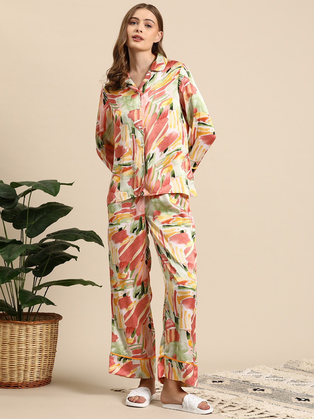 

Mast & Harbour Women Printed Satin Night Suit, Multi