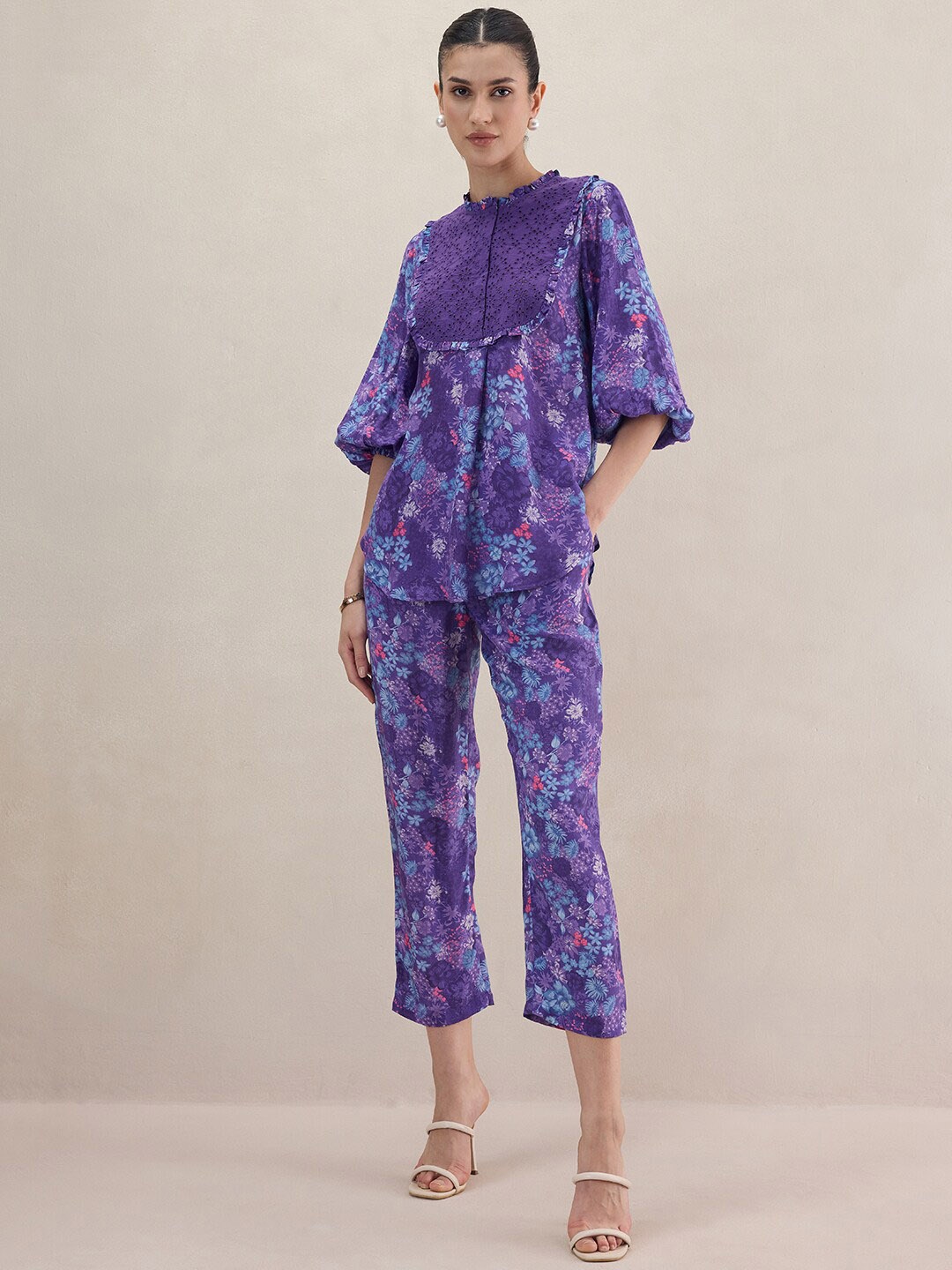 

FEMMELLA Floral Printed Puff Sleeves Top With Trouser, Purple