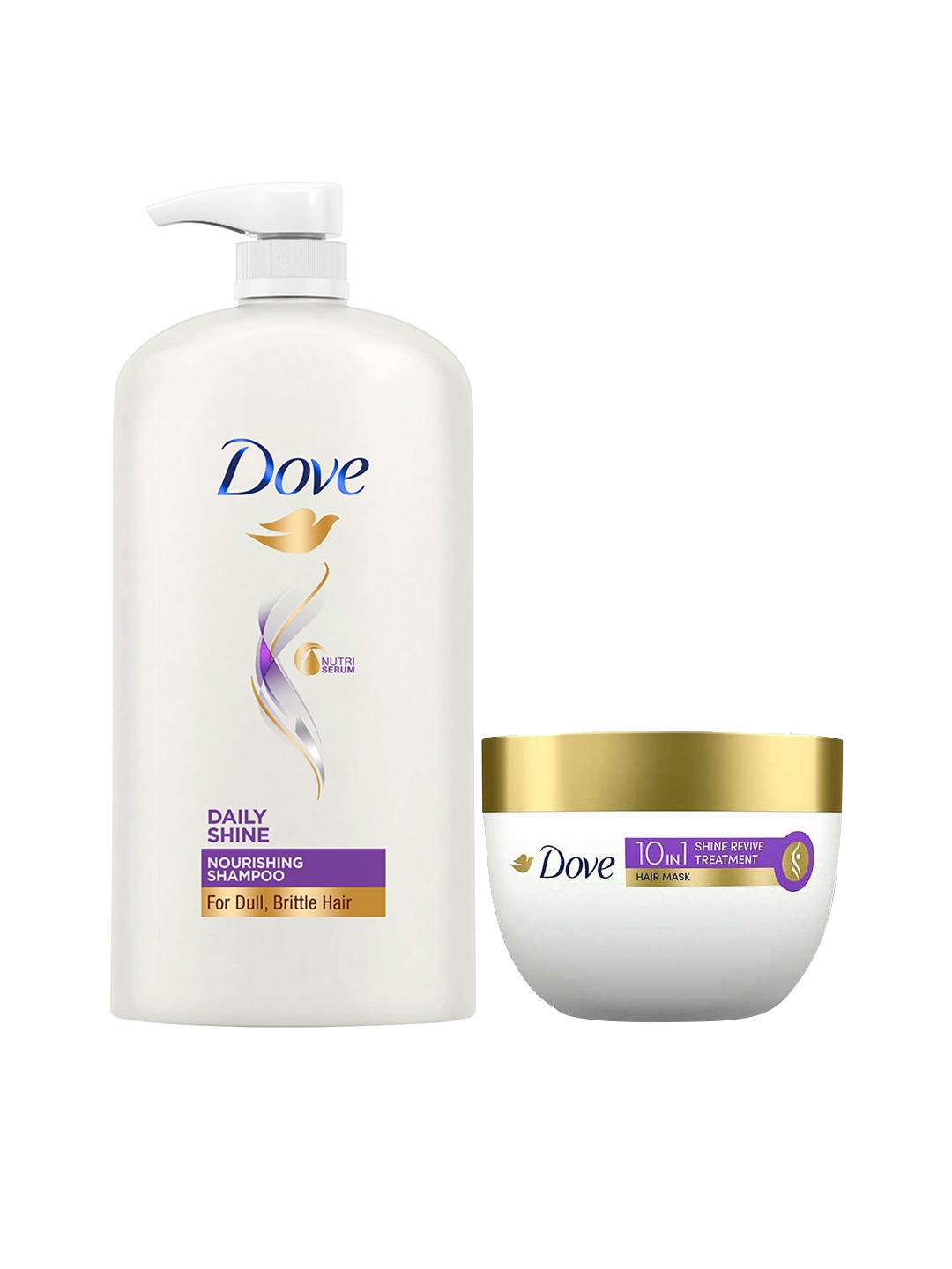 

Dove Set of Daily Shine Shampoo 1L & Shine Revive Treatment Hair Mask 300 ml, White