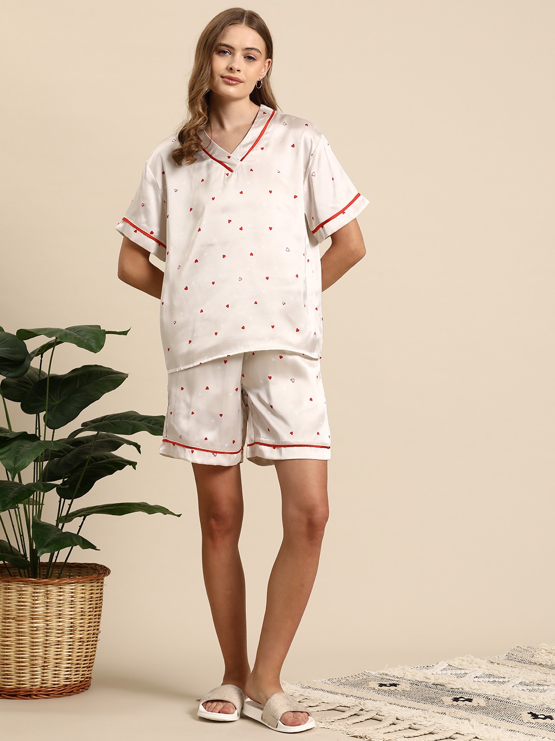 

Mast & Harbour Women Printed Satin Night Suit, Cream