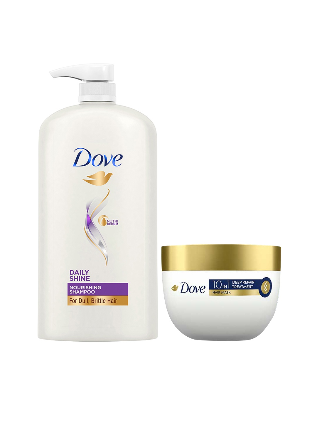 

Dove Set of Daily Shine Shampoo 1L & 10-in-1 Deep Repair Treatment Hair Mask 300 ml, White