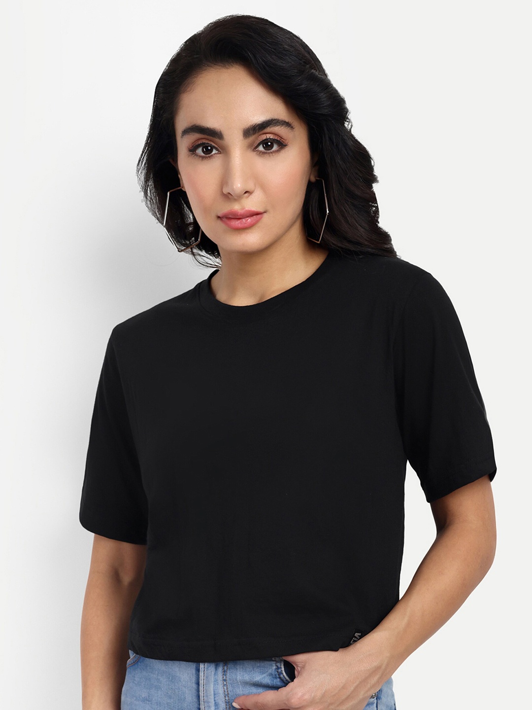 

VISO Round Neck Short Sleeves Cotton Oversized Crop T-shirt, Black