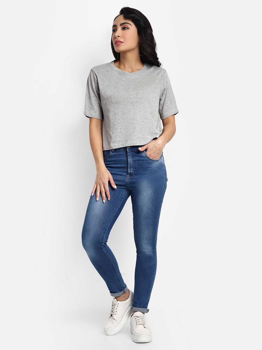 

VISO Round Neck Short Sleeves Cotton Oversized Crop T-shirt, Grey