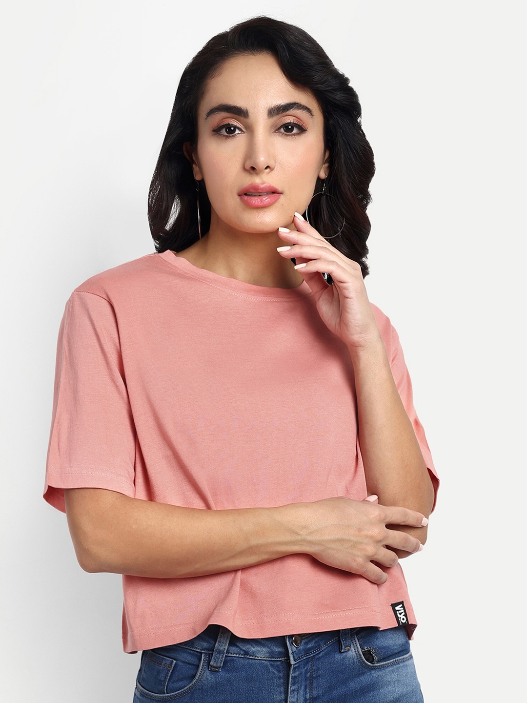 

VISO Round Neck Short Sleeves Cotton Oversized Crop T-shirt, Pink