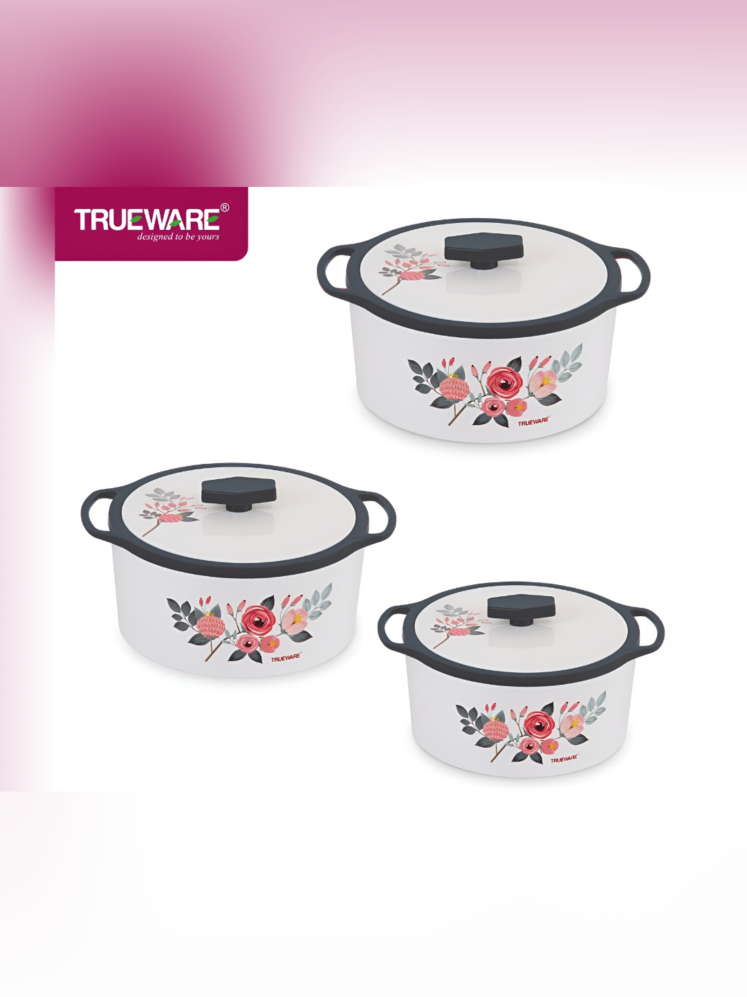 

Trueware White & Blue 3 Pieces Floral Printed Dishwasher Safe Casseroles