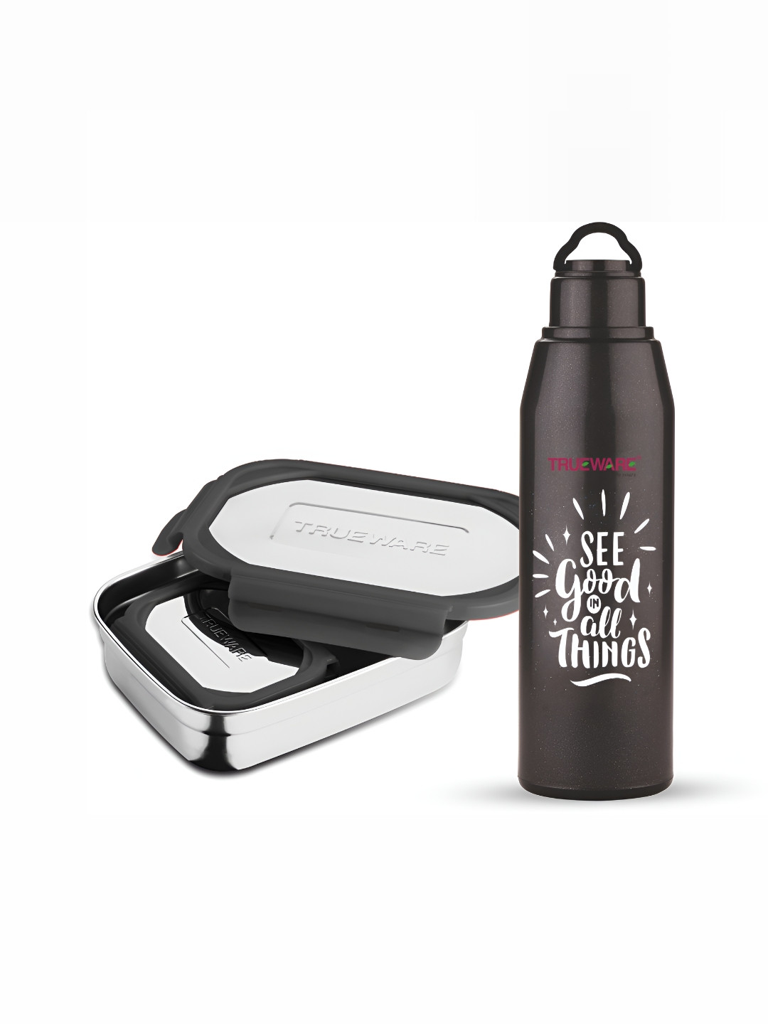 

Trueware Black Stainless Steel Dishwasher Safe Lunch Box With Water Bottle 900 ml